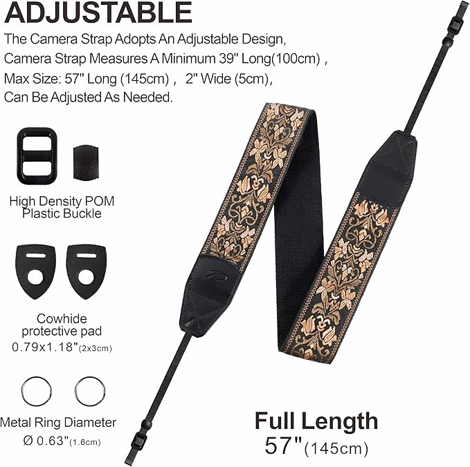 Padwa Lifestyle Camera Strap - 2" Wide Vintage Jacquard Embroidery Flower Camera Straps with Genuine Leather Head,Complimentary 2 Pcs Quick Release Clips for All Cameras and Men & Women Photographers
