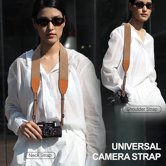 Padwa Lifestyle Camel Corduroy Camera Strap - 2" Double Layer Full Grain Cowhide Leather Head Camera Straps for Photographers, Unique Soft Corduroy Fabric with Quick Release fits all Cameras