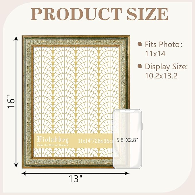 VIOLABBEY 11x14 Picture Frame Green, Vintage Photo Frames Ornate without Mat for Tabletop or Wall Hanging