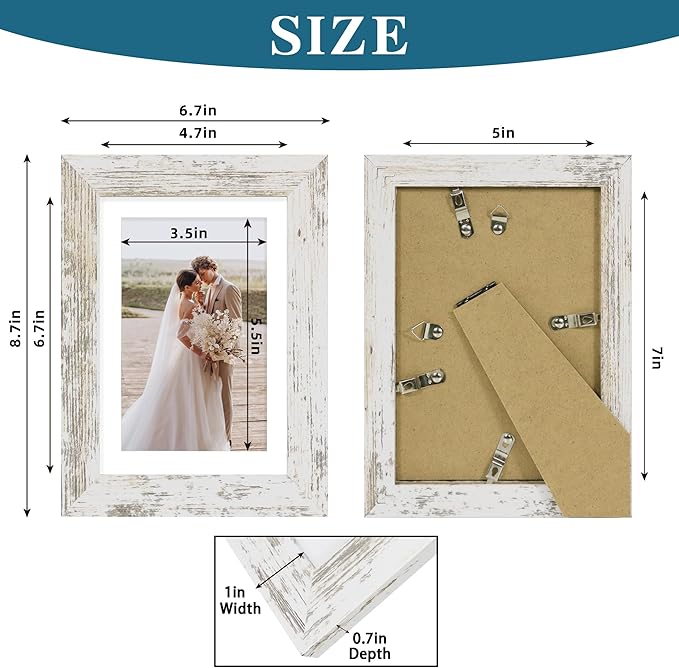 5x7 Picture Frame Set of 4, Made of Real Glass and Distressed White Wooden Frame, 5 by 7 Photo for Wall or Tabletop - Display Picture 4x6 with Mat or 5x7 Without Mat (Pack of 2)