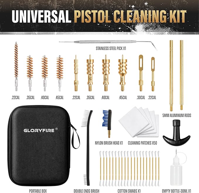 GLORYFIRE Gun Cleaning Kit Fits .22 .357/9mm .38 .40 .45 Cal Universal Handguns & Pistols Compact Carrying Case for Portability Multiple Styles with Brass or Plastic Jags & Tips for Shooting and Range