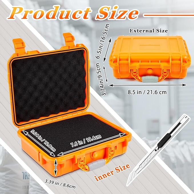 Relaxweex 1 Pcs 8.5 x 6.5 x 3.7 Inch Waterproof Hard Case with DIY Customizable Foam Insert Portable Protective Case with Knife for Camera Drones Equipments Tools Test Instruments (Orange)