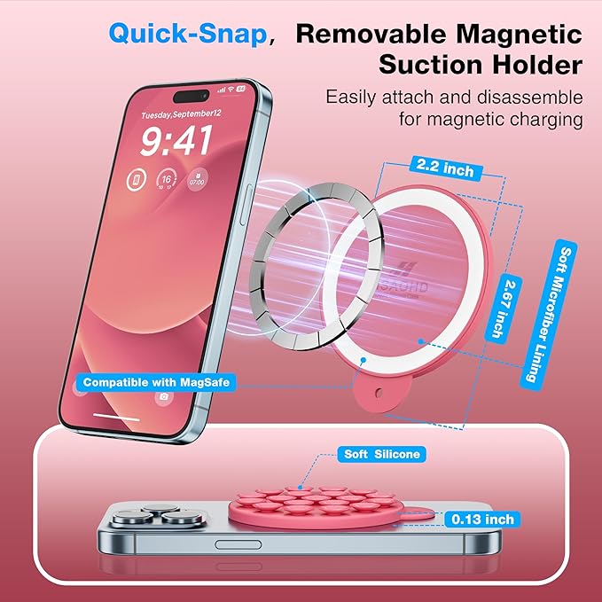 Magnetic Suction Cup Phone Mount with MagSafe, Silicone Hands-Free Grip Holder for iPhone Case and Android, Mirror Shower Phone Stand for Makeup FaceTime Gym Kitchen Bathroom, Camellia Red