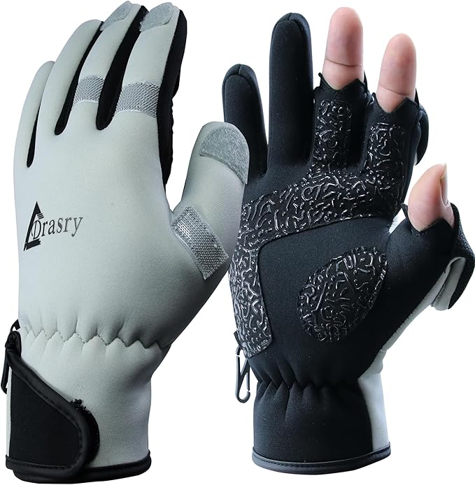 Drasry Neoprene Fishing Gloves Touchscreen 3 Cut Fingers Warm Cold Weather Suitable for Men and Women Ice Fishing Fly Fishing Photography Motorcycle Running Shooting