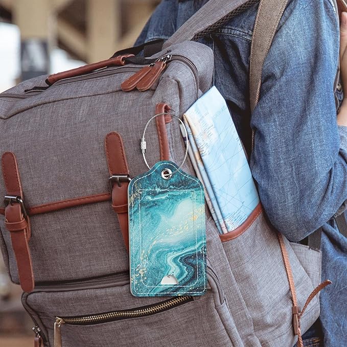 Luggage Tags for Suitcase, 2 Pack PU Leather Travel Cruise Luggage Tag with Privacy Flap, Name ID Label and Metal Loop for Women Men Girls Suitcase Baggage Bag Backpack Instrument, Teal Marble