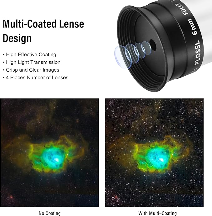 Astromania Telescope Eyepiece 6mm Plossl, 1.25 Inch Telescope Accessory Eyepiece Fully Multi Coated 4-Element Plossl Design, Metal 50 Degree Apparent Field of View for Astronomy Telescopes & Filters