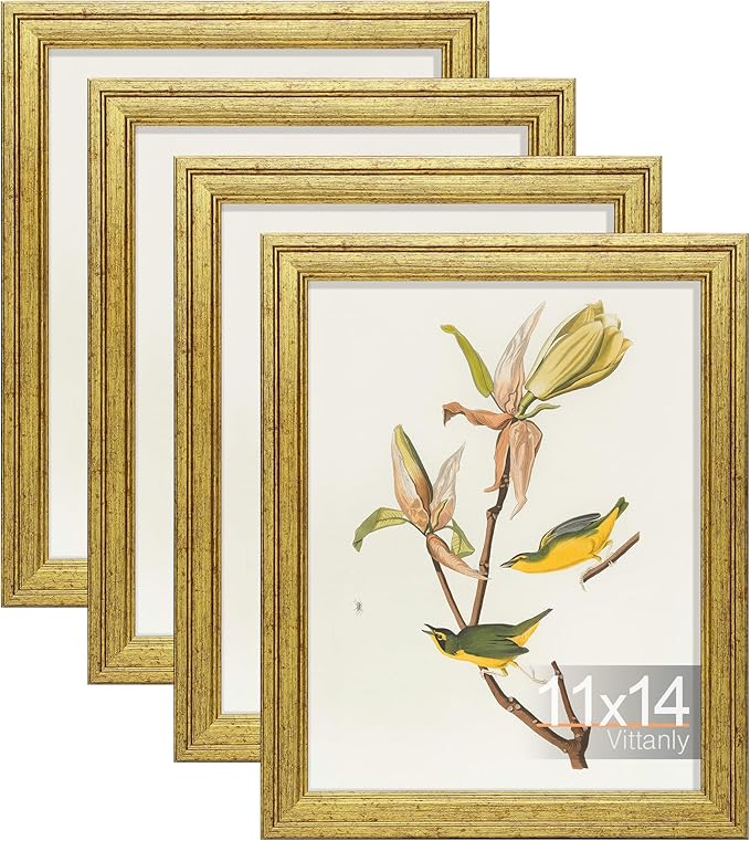 Vittanly 11x14 Picture Frame Set of 4, Vintage Photo Frame for Wall Mount, Display 8x10 Pictures with Mat or 11x14 without Mat, Rustic Farmhouse Home Decor, Gold
