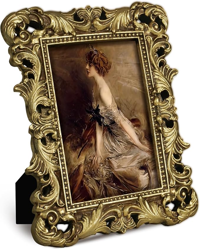 4x6 Gold Picture Frame Antique Ornate Vintage with Glass Front, Baroque Victorian Frame for Tabletop or Wall Display