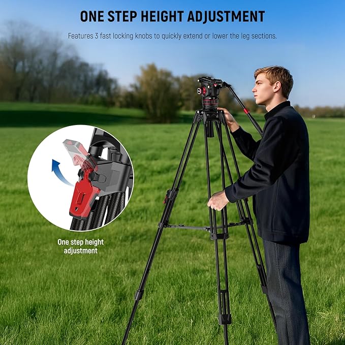 NEEWER 78" Video Camera Tripod Carbon Fiber with Damping Adjustable Fluid Head, One Step Quick Release with QR Plate & Handle, Heavy Duty Tripod Stand for DSLR Cameras Camcorders, Max Load 22lb, LL37