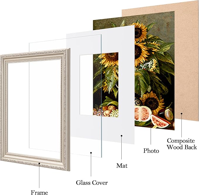 eletecpro 8x10 Picture Frames Set of 4, Vintage Frame with Glass Cover, Photo Frames 8 x 10 Display 5x7 Photo with Mat or 8x10 without Mat for Tabletop or Wall Decor, Silver Beige
