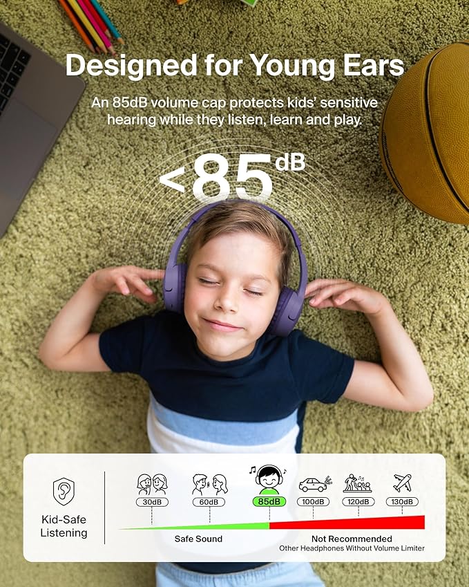 Belkin SoundForm Mini - Wireless Bluetooth Kids Headphones, 30H Battery, 85dB Safe Volume Limit, Built-in Microphone - Toddler On-Ear Earphones for iPhone, iPad - Ideal for School - Purple w/Case