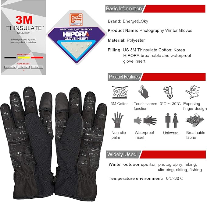 EnergeticSky Waterproof Winter Gloves,3M Thinsulate Ski & Snowboard Gloves for Men and Women,Touchscreen Gloves for Fishing,Photographing,Hunting Outdoor Activities.
