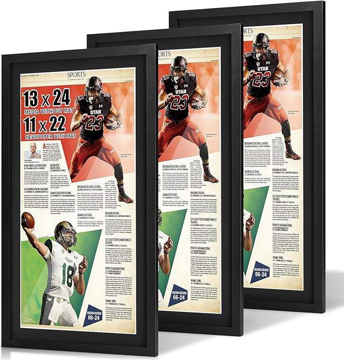 JupDec 11 × 22 Up to 13 × 24 Newspaper Frame, Premium Wood Display Case with Acrylic Panel, Wall Mount or Tabletop Stand, Perfect for Home & Office Decor, Ideal Gift for Collector, 3 Pack, Black