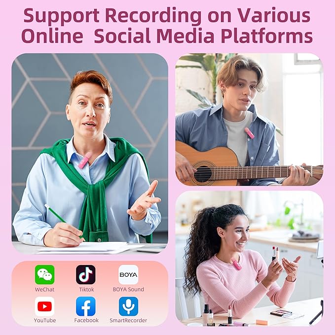 BOYA Wireless Lavalier Microphone for iPhone iPad Phone Omnidirectional External Mini Lapel Lightning Microphone for iPhone Clip-On Mic for Video Recording Podcast YouTube Live Streaming (Pink)