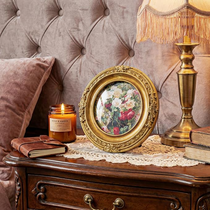 Cuspin Vintage Picture Frame 4x4 Gold Frames, Ornate Round Resin Photo Frame with Glass Front, Small Retro Circle Frame for Wall Hanging or Tabletop Display, Home Decor