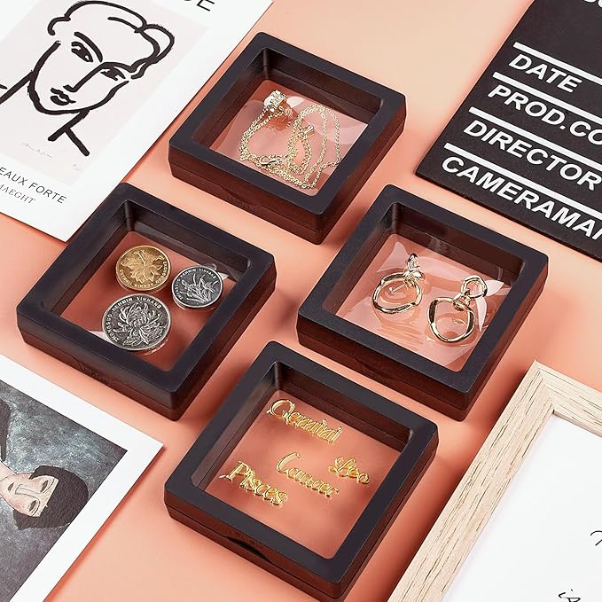 4Pcs Challenge Coin Holder, 3D Floating Frame Display Case with Stand for AA Coin Medallion Military Medal Specimen Jewelry, 2.75x2.75 inches