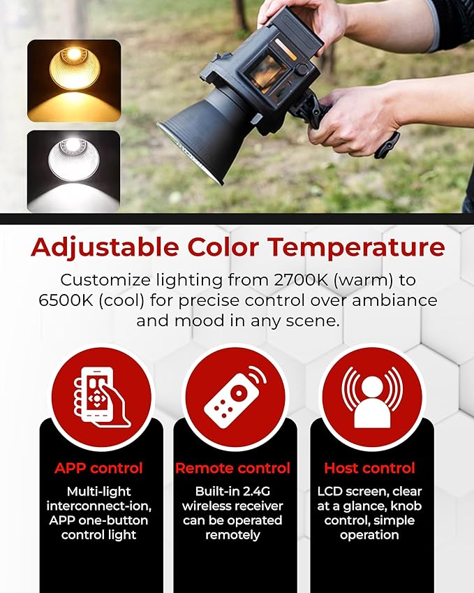 REFLEX CAMERA Professional 80W Handheld LED Photography Light – Portable Studio Video Light, Continuous Lighting for Photography, Handheld LED Spotlight. 3200-5600K 18000lux/1m CRI97 12 Effects + RGB