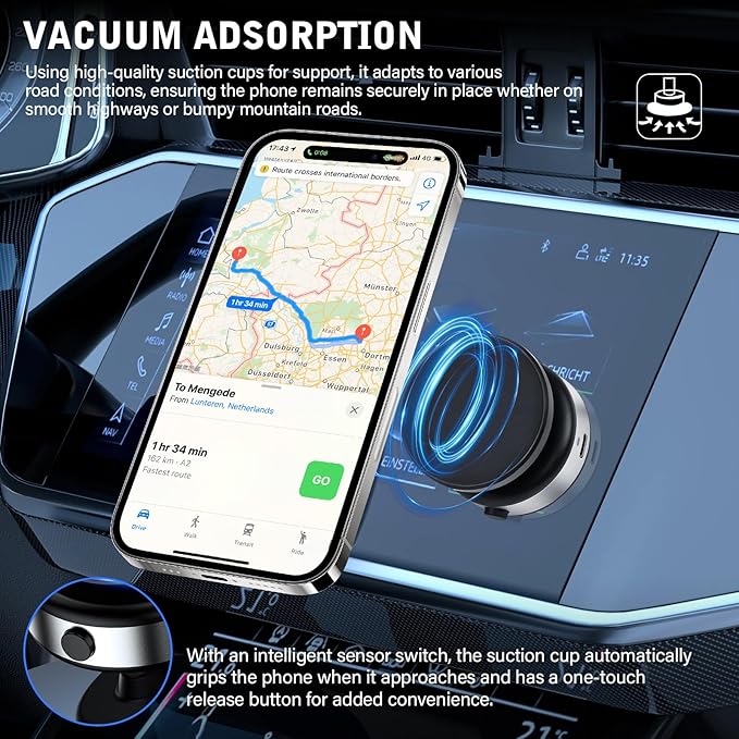 360 Rotatable Car Magnetic Phone Holder,Electric Vacuum Magnetic Suction Car Phone Mount,Magnetic Adsorption Double Cell Phone Holder-Sided Strong Suction for Car Mirro Gym All Smooth Surface (Black)