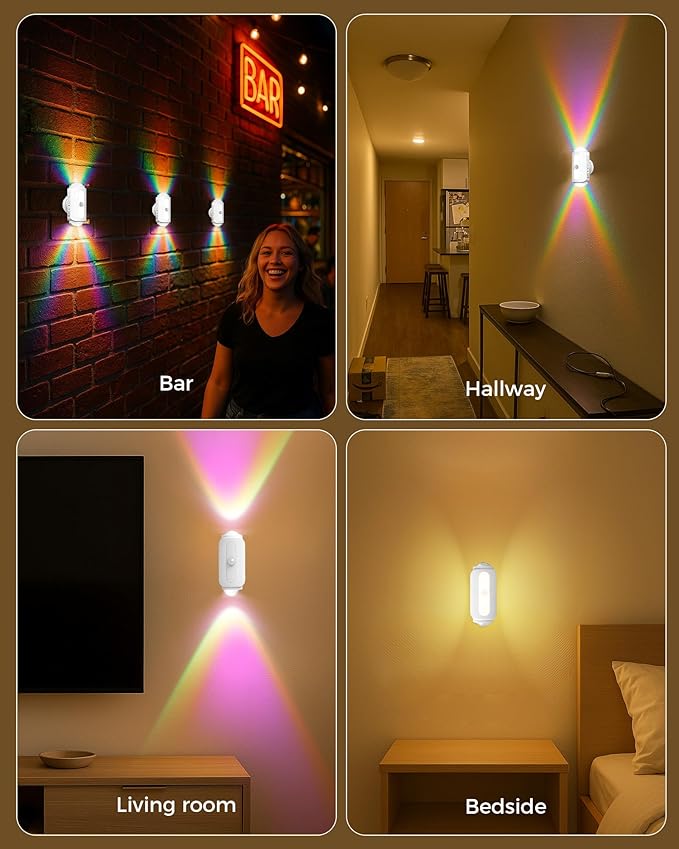 Motion Sensor Wall Light, Rechargeable Peel and Stick on Sconce Set of 2, Wireless No Drill RGB Wall Lamps, Magnetic Battery Operated Indoor Lighting for Hallway, Stairs, Bedroom, Bathroom, Bar Decor