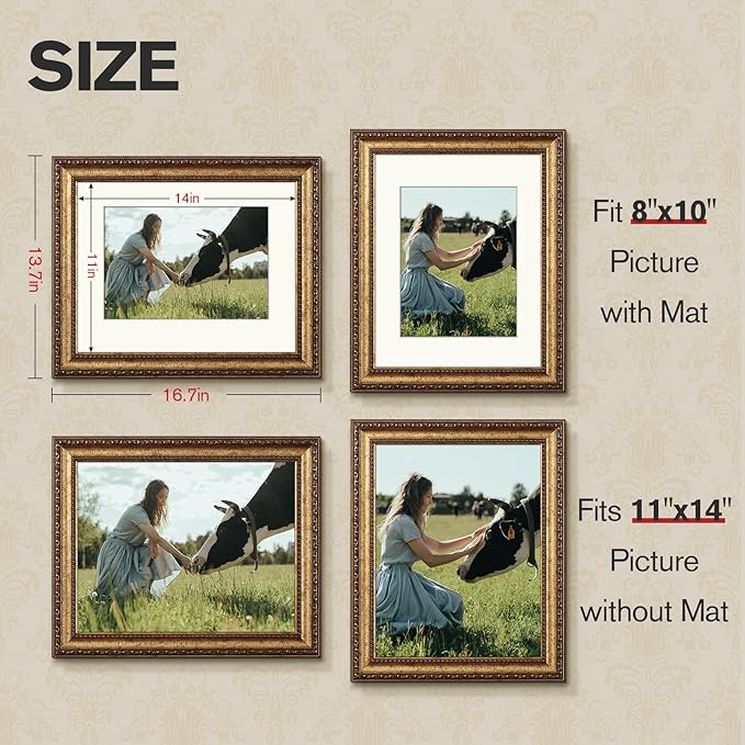 11x14 Gold Picture Frame, 2 Pack Ornate Vintage Picture Frames for Wall or Tabletop Display, 11 x 14 Photo Frame Gold with Real Glass, Display Poster 8x10 with Mat or 11x14 without Mat for Antique Déco