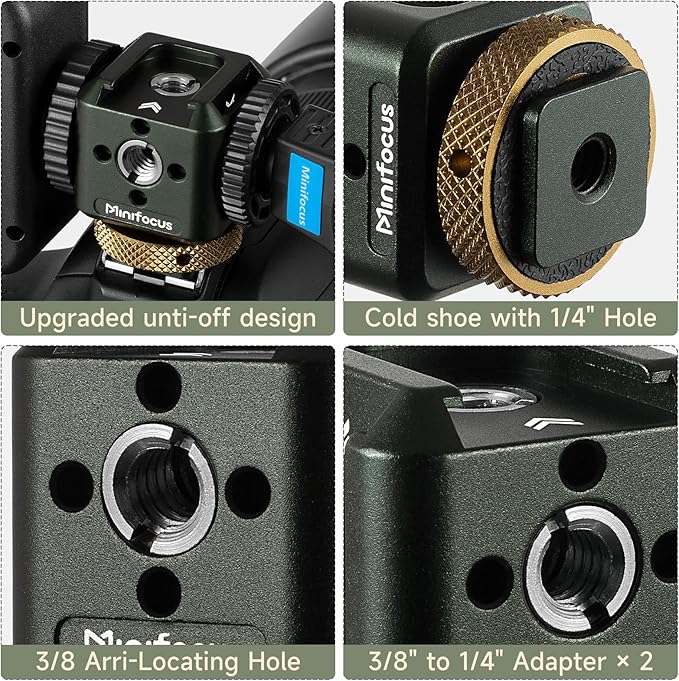 MINIFOCUS Camera Hot Shoe Extension Bracket with Quadruple Cold Shoe Mounts Adapter for Microphone LED Video Light, Aluminum Shoe Mount Holder with 1/4''&3/8'' Thread Hole and Arri-locating Hole
