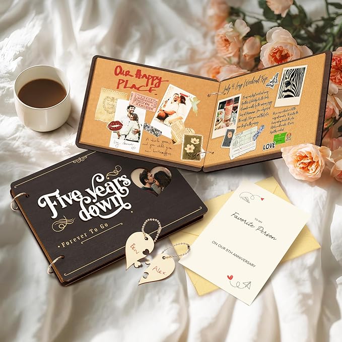 Stofinity 5 Year Anniversary Wood Gifts For Men Women - Unique 5 Year Wedding Gifts For Husband Wife, Wooden Anniversary Scrapbook Photo Album Journal, Romantic 5th Marriage Gift For Couple