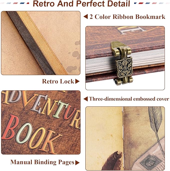 My Adventure Book Scrapbook 124 Pages Retro Style Embossed Photo Album,DIY Handmade Memory Travel Diary Photo Scrapbook for Couples,Anniversary,Wedding,Valentines Day Gifts(Brown)
