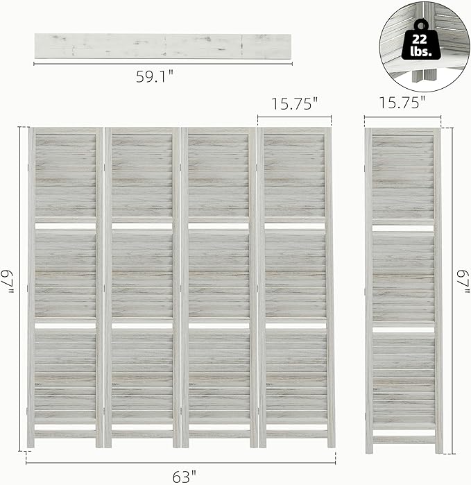 HOMCOM Room Divider, 4 Panel 67" Tall Wood Privacy Screen with 3 Display Shelves, and Folding Storage for Bedroom or Home Office, Distressed White
