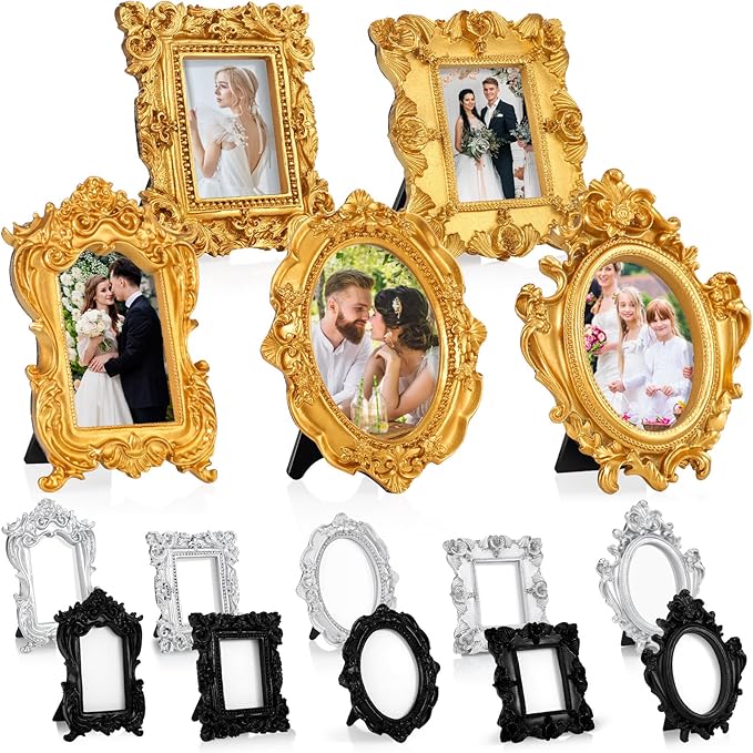 Maitys 15 Pcs Mini Picture Vintage Frames with Stands Tiny Antique Photo Baroque Ornate Resin Oval Frame Table Top Display Home Wedding Decor (Multicolor)
