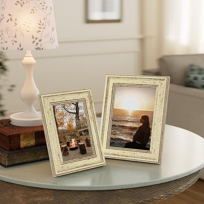 Vittanly 5x7 Picture Frame Set of 4, Vintage Photo Frame for Wall or Tabletop, Display 5x7 Pictures, Rustic Farmhouse Home Decor, Green Gold