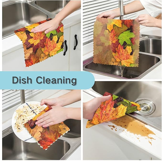 CaTaKu Fall Leaves Kitchen Dish Cloths, Reusable Dish Rags for Washing Dishes, Microfiber Cleaning Cloths Dish Towels Washcloths for Kitchen Drying, 6 Pack