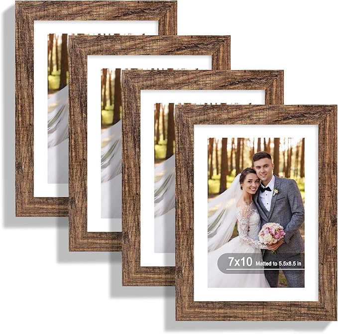 7x10 Picture Frame Set of 4, Made of Real Glass and Rustic Brown Frame - Display 5.5 x 8.5 Diploma Frame with Mat or 7x10 Without Mat, 7 by 10 Photo for Wall or Tabletop