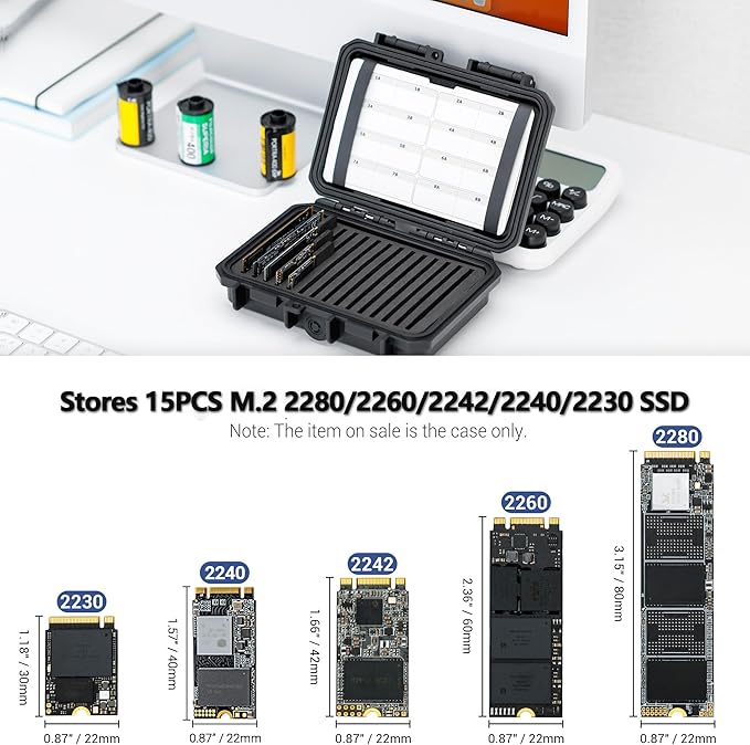 Hard Plastic 15 Slots M.2 2280 2260 2242 2240 2230 Case, Water-Resistant Shockproof M.2 SSD Holder with Label & Notepaper, 2280 SSD Card Case Vertical Style Drive Storage Box