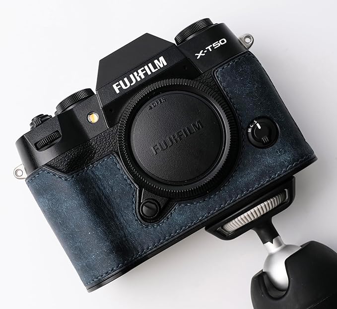 handmade Genuine Leather Camera Half Case for Fujifilm X-T50 - Top Layer Cowhide Body + Metal Base Plate - Hand Shank Free Design (Dark Blue)