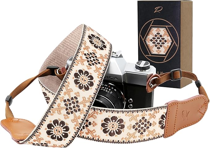 Padwa Lifestyle Camera Strap - 2" Cowhide Head Camera Straps for Photographers,Adjustable Vintage Jacquard Embroidery Woven Cotton Shoulder Neck Strap for Cameras,Binoculars（Elegant Brown Floral）