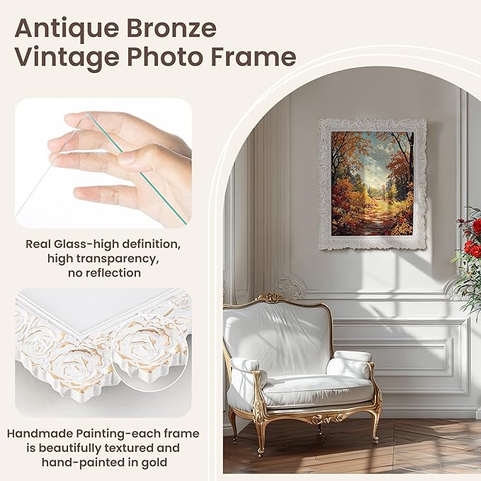 Axeman Antique Picture Frame 5x7 | Vintage 5 x 7 Picture Frame with Real Glass | Ornate Rose 5x7 Frame for Wall & Tabletop Display | White Gold 5 by 7 Frame - White Gold