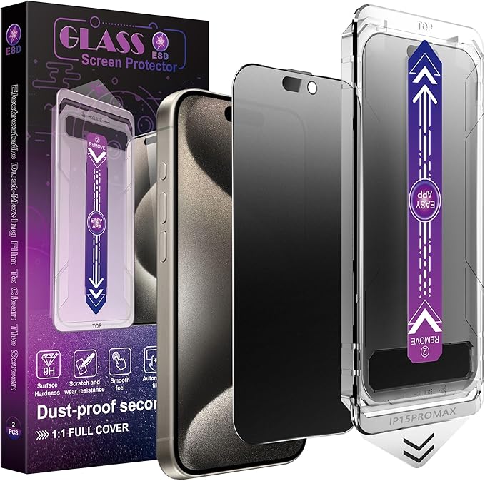 CHISHA 2-Pack Matte Privacy Screen Protector for iPhone 15 Pro Max 6.7-Inch, Auto Dust Removal, No Bubbles,Anti-Spy Tempered Glass Film, Easy Installation