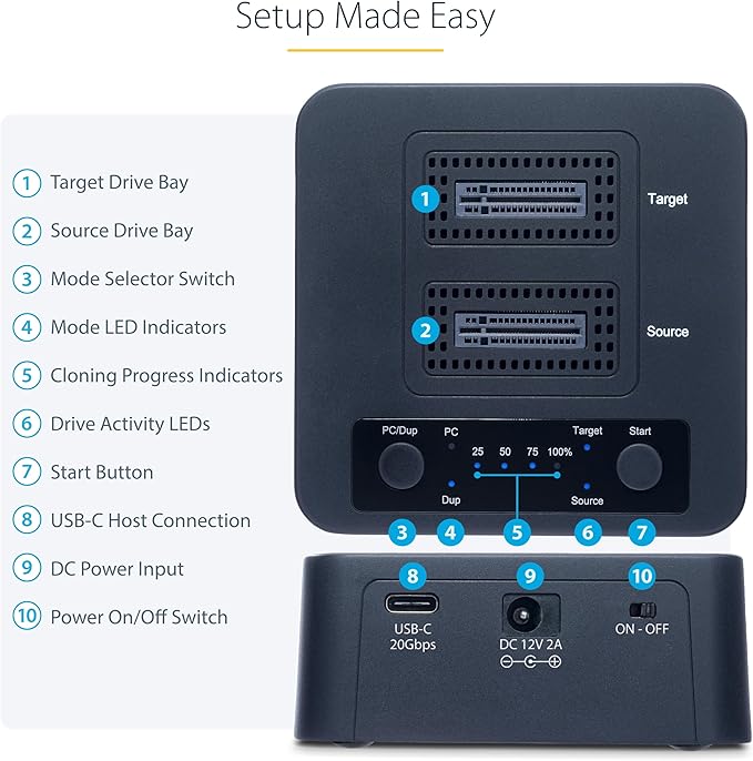 StarTech.com 1:1 M.2 NVMe Drive Duplicator, 90GBpm Standalone SSD Cloner/Copier, USB-C 3.2 20Gbps M.2 Dual-Bay Drive Dock, Black