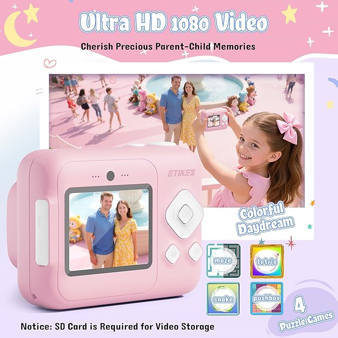 ETIKEZ Kids Camera, 1080P Instant Digital Print Camera for Kids, Christmas Birthday Gifts for 4 5 6 7 8 9 10 Year Old Girls Boys, Portable Toy with 32GB SD Card & 3 Rolls Printing Paper, Pink