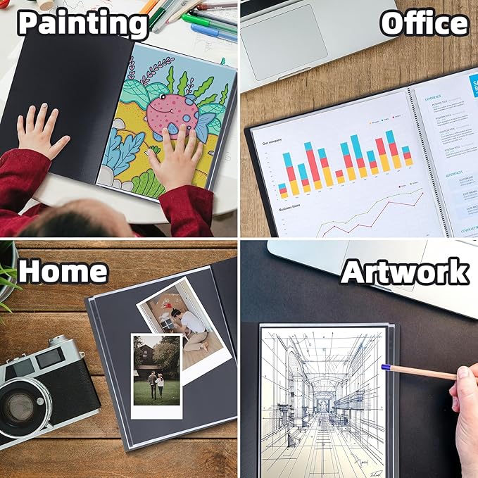 JJRING 9x12 Art Portfolio Folder with Plastic Sleeves, 24-Pocket Portfolio Binder Displaying 48 Pages, Presentation Book with Black Inner Paper for Artwork Storage, Black