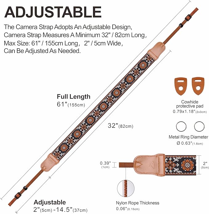 Padwa Lifestyle Camera Strap - 2" Wide Double Layer Cowhide Head Cotton Strap,Vintage Jacquard Embroidery Universal Neck & Shoulder Camera Straps for Photographers and All DSLR Cameras (Brown flower)