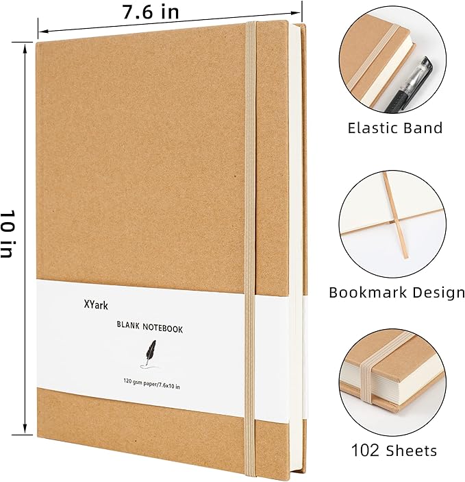 XYark Large B5 Blank Notebook Journals, Plain Kraft Hardcover Sketchbook Subject Composition Notebooks Planner with Unlined Paper, 2 Pack, 120GSM, 102 Sheets, 7.6x10 inch, Travel Journal Set