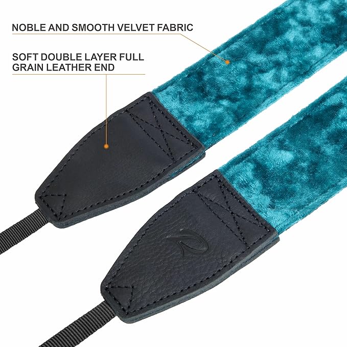 Padwa Lifestyle Peacock Blue Velvet Camera Strap - 2" Double Layer Full Grain Cowhide Leather Head Camera Straps for Photographers,Unique Soft Velvet Fabric with Quick Release fits all Cameras