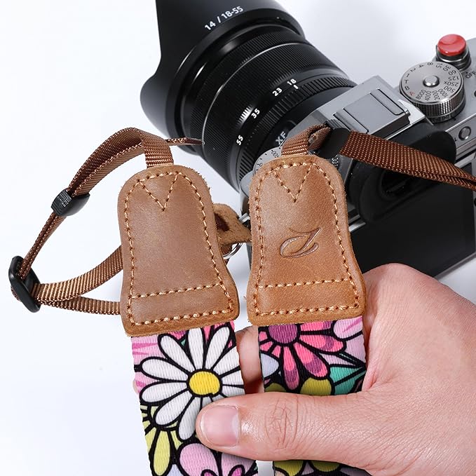 Padwa Lifestyle Camera Strap - 1.5" Soft Nylon Print Crazy Horse Cowhide Head Camera Straps for Photographers and All Cameras,Cute Adjustable Vintage Woven Strap for Adults & Kids(Sunshine Flower)