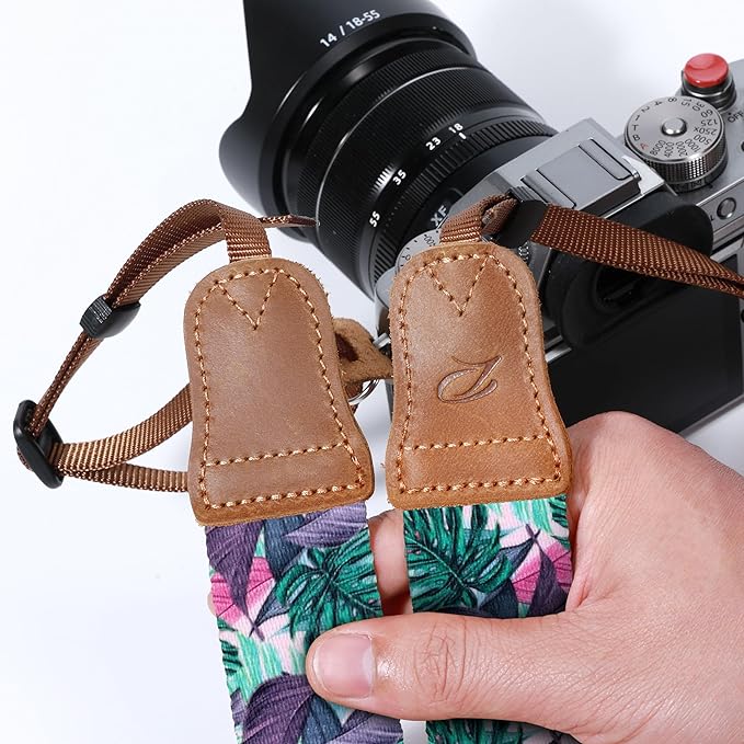 Padwa Lifestyle Camera Strap - 1.5" Soft Nylon Print Crazy Horse Cowhide Head Camera Straps for Photographers and All Cameras,Cute Adjustable Vintage Woven Strap for Adults & Kids(Green Leaf)