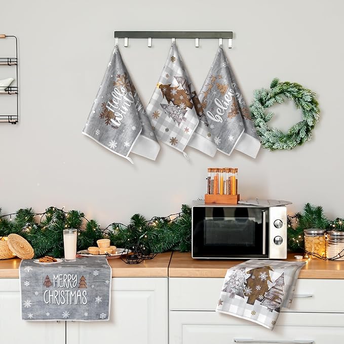 Preboun 6 Pcs Christmas Kitchen Towels Grey Buffalo Plaid Xmas Tree Brown Christmas Dish Hand Kitchen Towels Hello Winter Bathroom Decoration Dish Cloth Tea Cloth