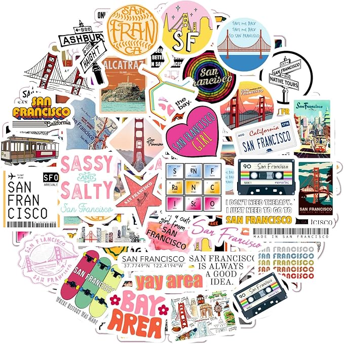 BulbaCraft 100Pcs San Francisco Stickers for Water Bottles, San Francisco Souvenirs, Gifts for Women & Men