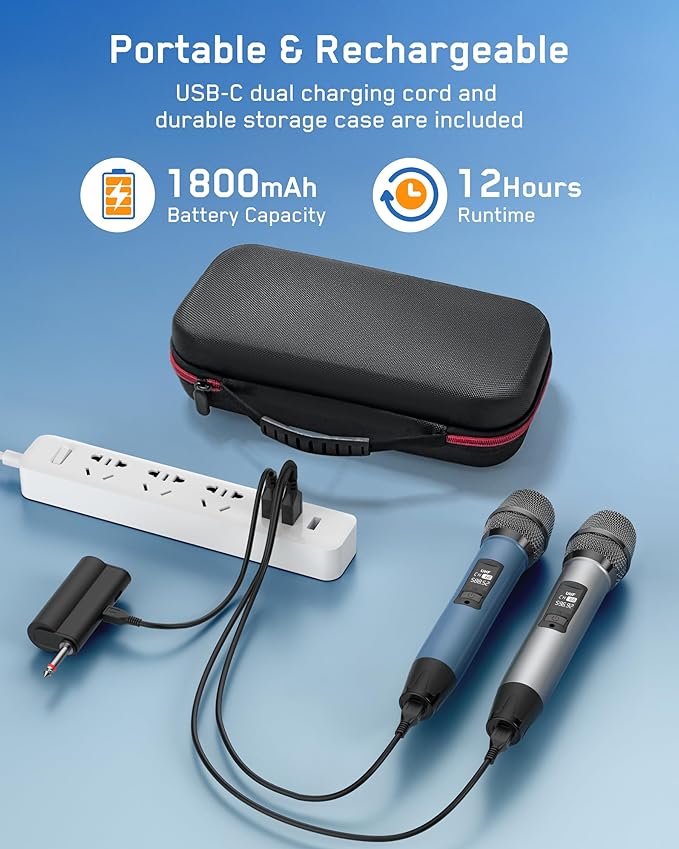 Rechargeable Wireless Microphone, Two Metal UHF Microphones with 1/4" Receiver, Plug-and-Play for Karaoke Singsing, Lecture, Stage Performance, PA System (Gray - One Mic)