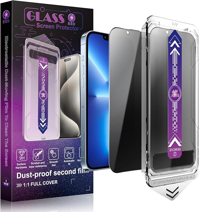 SHANG PIN JIA 2 Pack Privacy Screen Protector for iPhone 13 Pro Max and iPhon 14 Plus 6.7-Inch Auto Dust Removal, No Bubbles,Anti-Spy Tempered Glass Film, Easy Installation