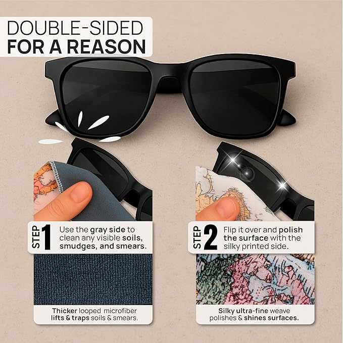 Quick Cloth Microfiber Glasses Cleaning Cloths – 5x7, World Map, 2 Pack with Case | Double-Sided Lens Cleaner for Eyeglasses, Camera, Screens & Glass | Reusable Microfiber Glass Polishing Cloths
